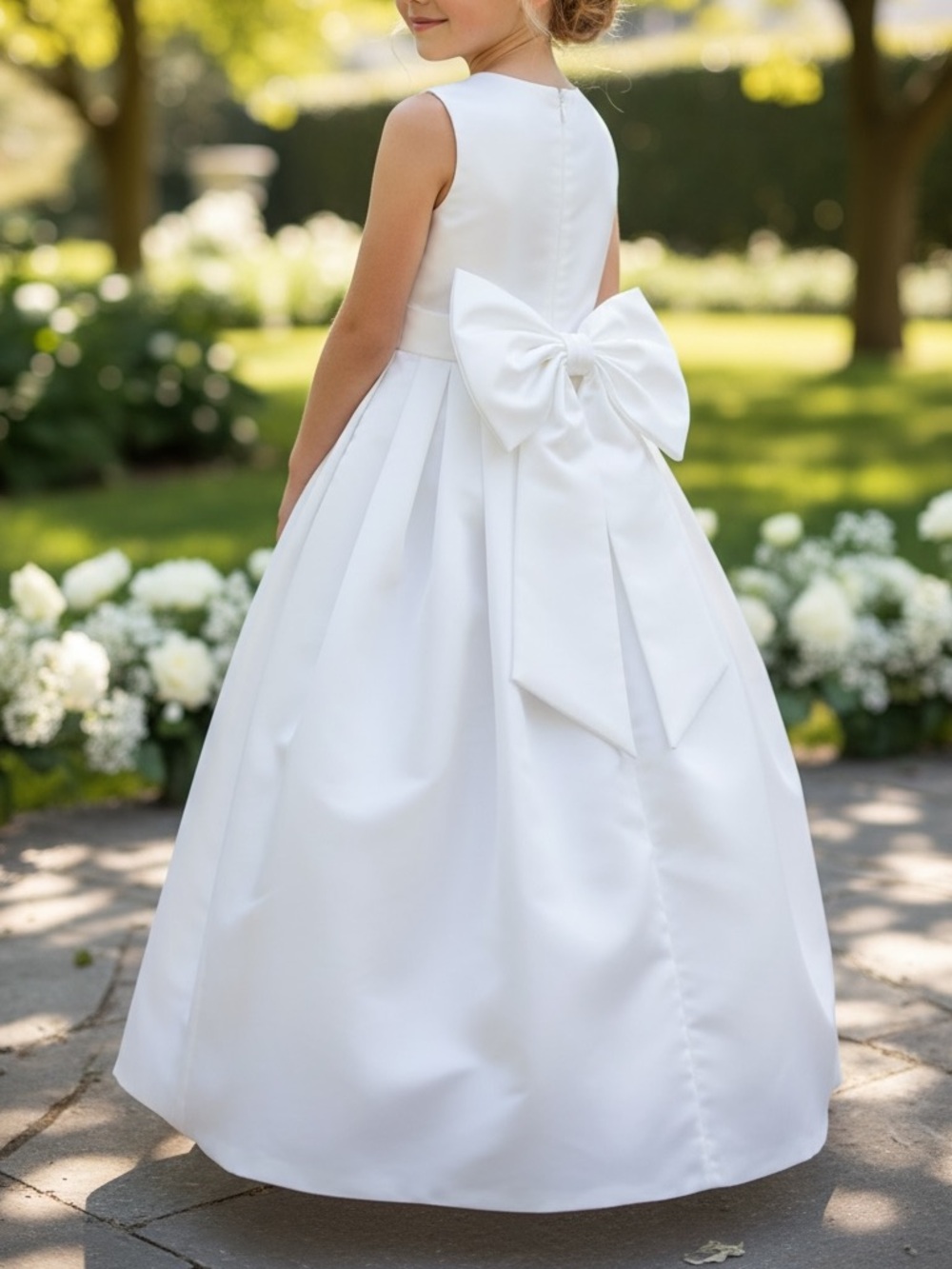 Classic White Satin Flower Girl Dress with Bow size 6 youth